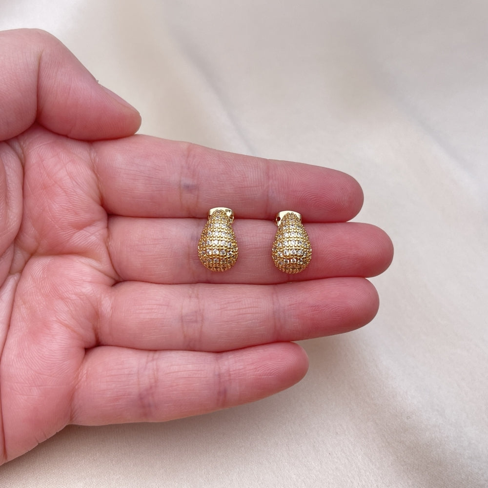 Oro Laminado Stud Earring, Gold Filled Style Teardrop Design, with White Micro Pave, Polished, Golden Finish