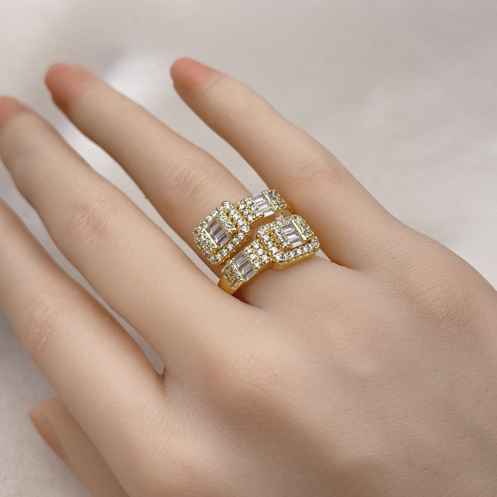 Oro Laminado Multi Stone Ring, Gold Filled Style Baguette and Cluster Design, with White Cubic Zirconia and White Micro Pave, Polished, Golden Finish