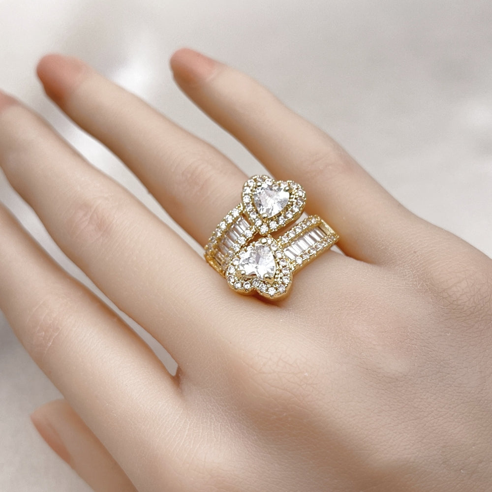 Oro Laminado Multi Stone Ring, Gold Filled Style Heart and Baguette Design, with White Cubic Zirconia and White Micro Pave, Polished, Golden Finish
