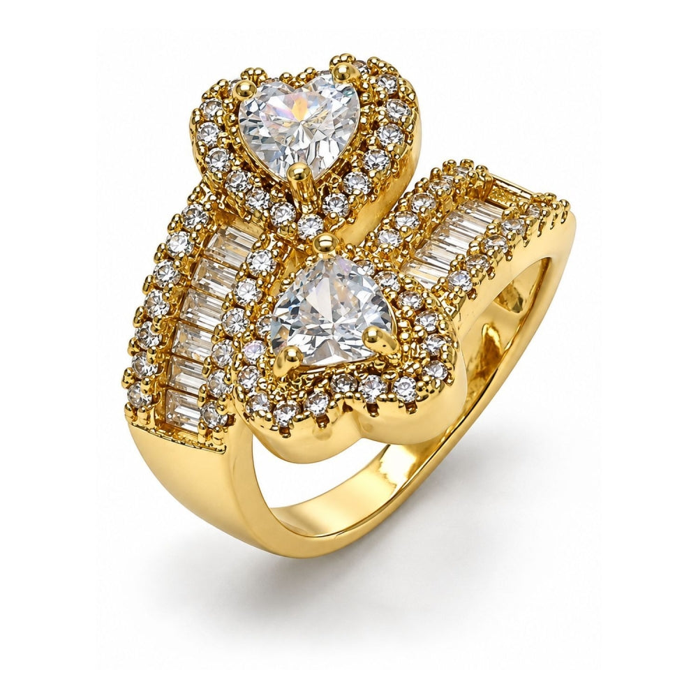 Oro Laminado Multi Stone Ring, Gold Filled Style Heart and Baguette Design, with White Cubic Zirconia and White Micro Pave, Polished, Golden Finish