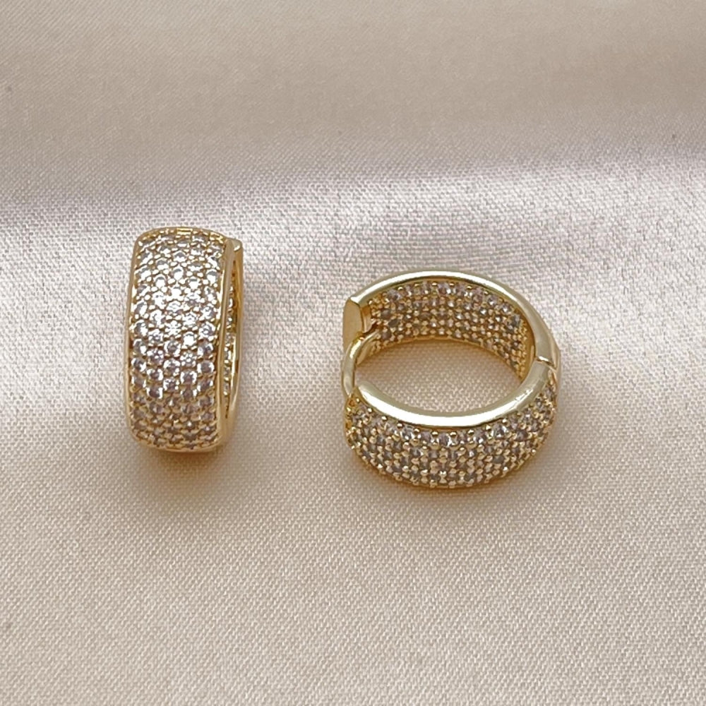Oro Laminado Huggie Hoop, Gold Filled Style with White Micro Pave, Polished, Golden Finish