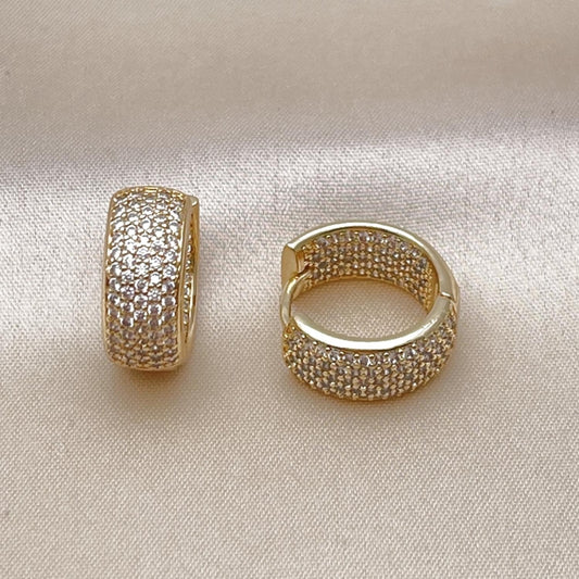 Oro Laminado Huggie Hoop, Gold Filled Style with White Micro Pave, Polished, Golden Finish