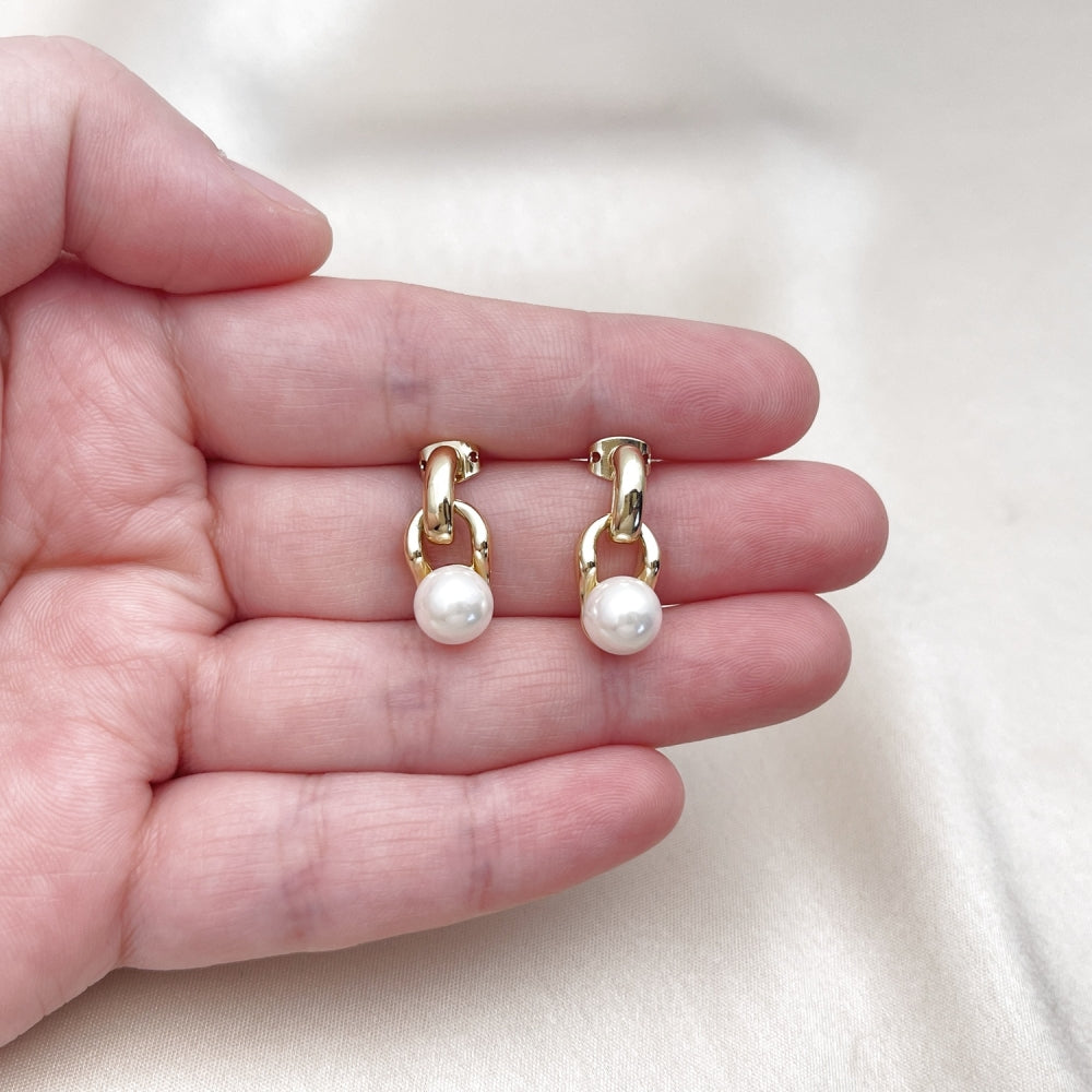 Oro Laminado Stud Earring, Gold Filled Style Ball Design, with Ivory Mother of Pearl, Polished, Golden Finish