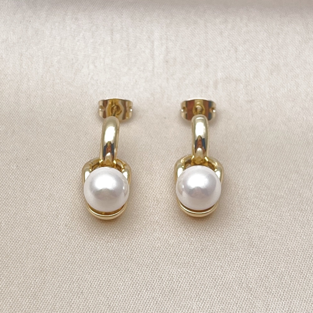 Oro Laminado Stud Earring, Gold Filled Style Ball Design, with Ivory Mother of Pearl, Polished, Golden Finish