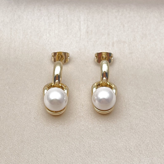 Oro Laminado Stud Earring, Gold Filled Style Ball Design, with Ivory Mother of Pearl, Polished, Golden Finish