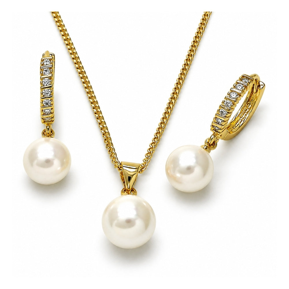 Oro Laminado Earring and Pendant Adult Set, Gold Filled Style Ball Design, with Ivory Mother of Pearl and White Cubic Zirconia, Polished, Golden Finish
