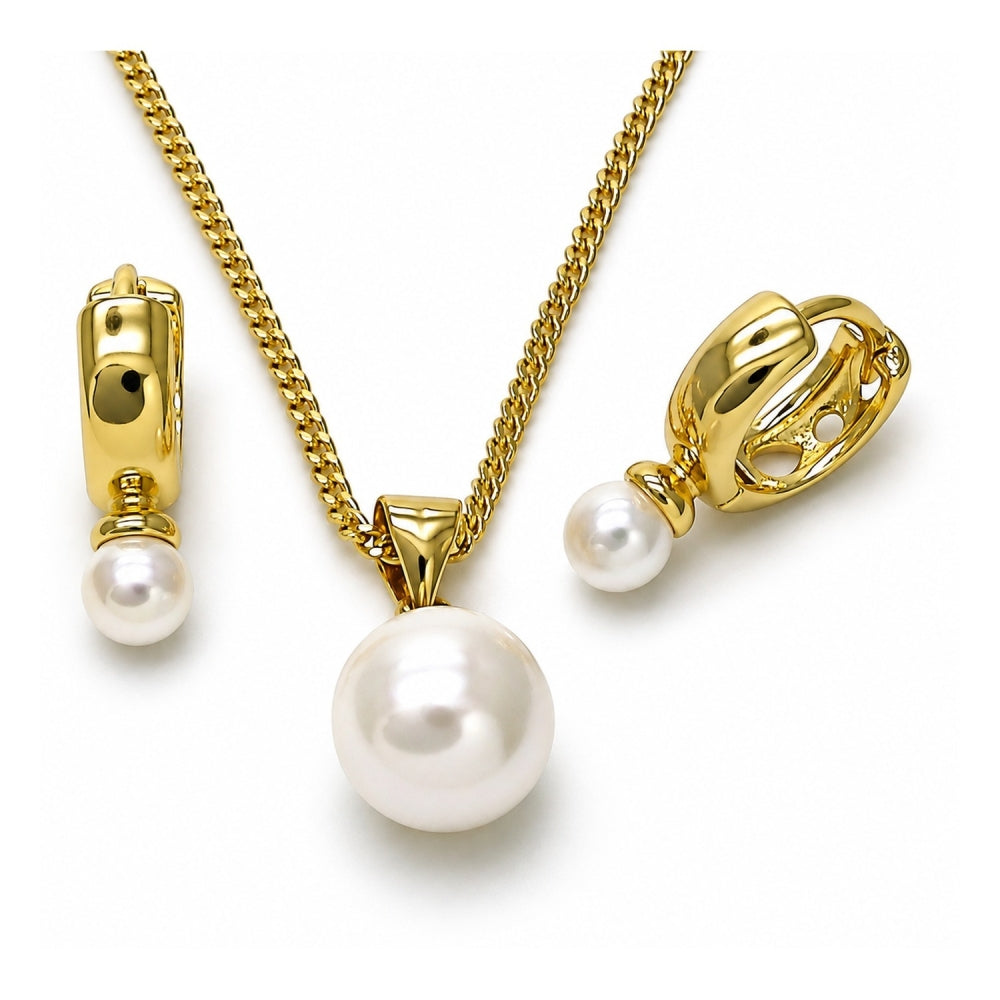 Oro Laminado Earring and Pendant Adult Set, Gold Filled Style Ball Design, with Ivory Mother of Pearl, Polished, Golden Finish