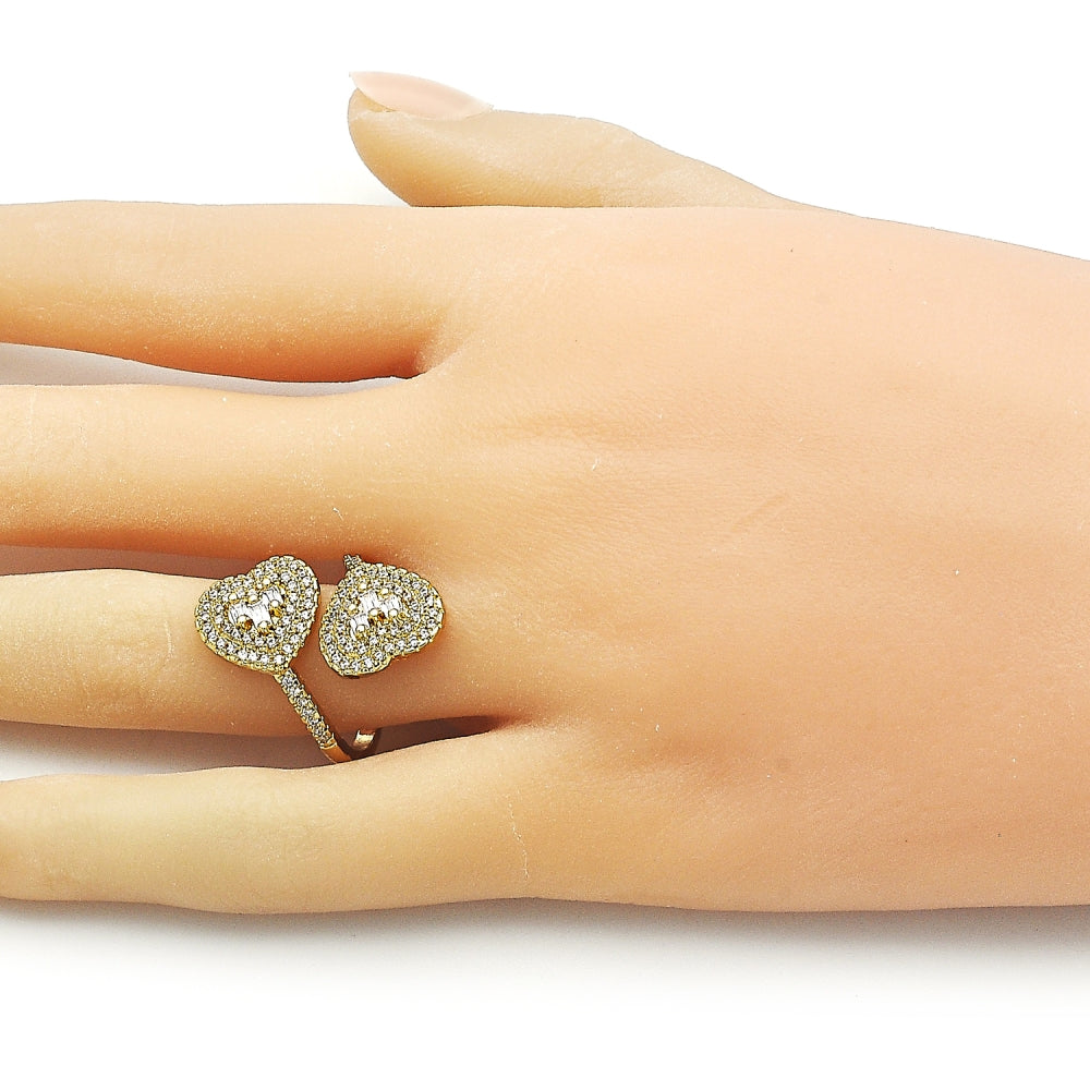 Oro Laminado Multi Stone Ring, Gold Filled Style Heart and Baguette Design, with White Cubic Zirconia and White Micro Pave, Polished, Golden Finish