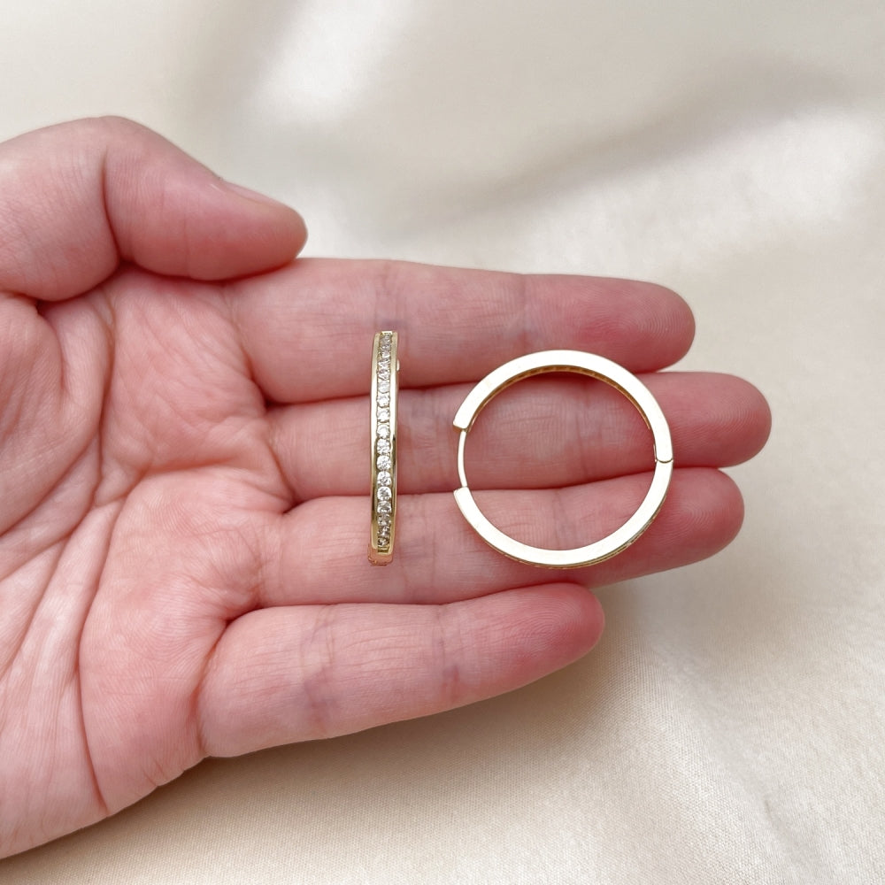 Oro Laminado Huggie Hoop, Gold Filled Style with White Cubic Zirconia, Polished, Golden Finish