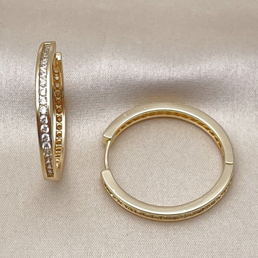 Oro Laminado Huggie Hoop, Gold Filled Style with White Cubic Zirconia, Polished, Golden Finish