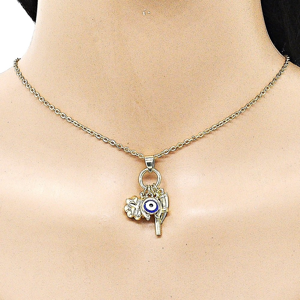 Oro Laminado Fancy Pendant, Gold Filled Style Cross and Four-leaf Clover Design, Blue Enamel Finish, Golden Finish
