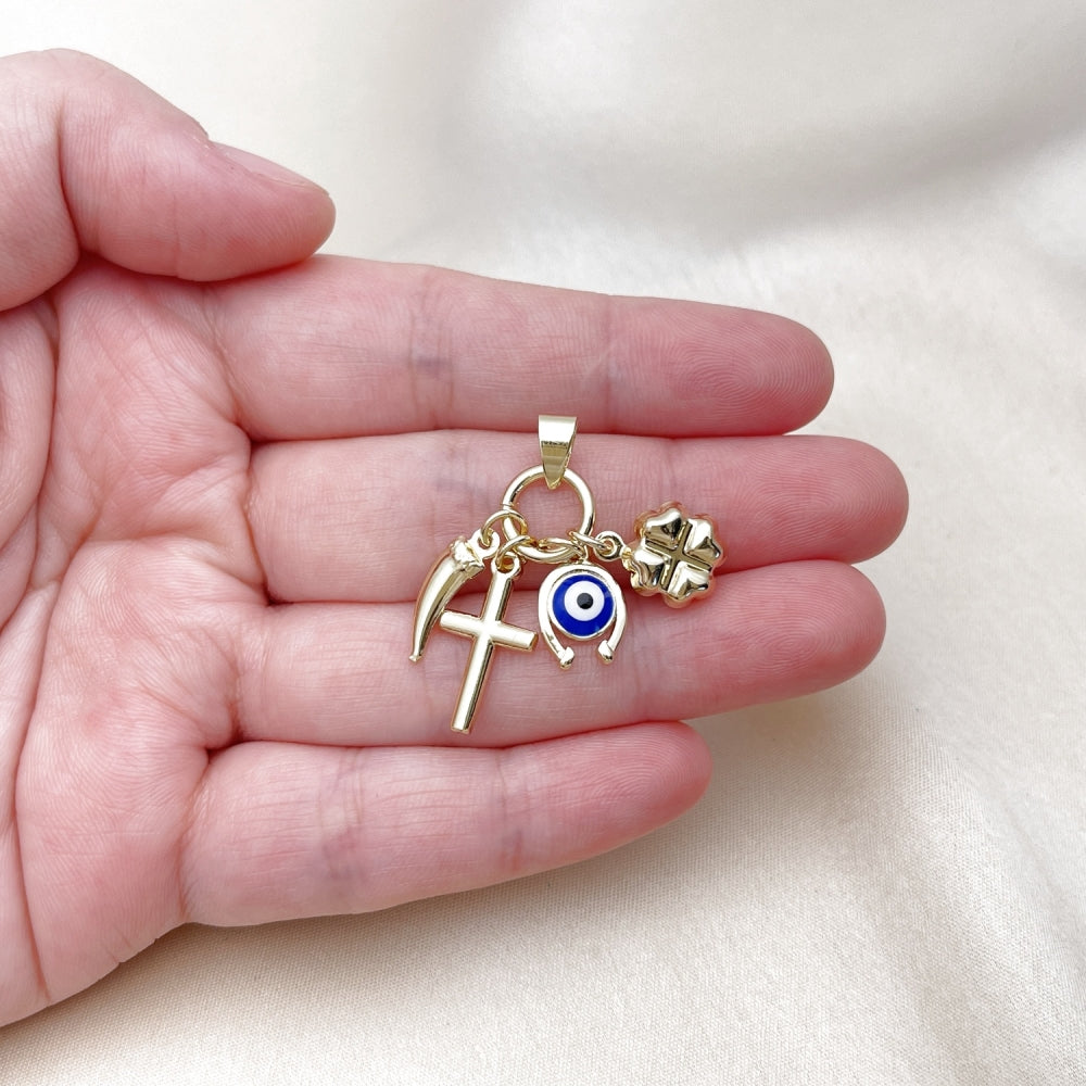 Oro Laminado Fancy Pendant, Gold Filled Style Cross and Four-leaf Clover Design, Blue Enamel Finish, Golden Finish