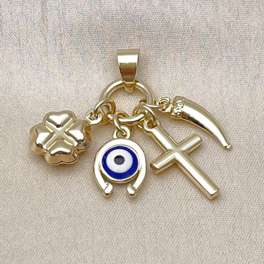 Oro Laminado Fancy Pendant, Gold Filled Style Cross and Four-leaf Clover Design, Blue Enamel Finish, Golden Finish