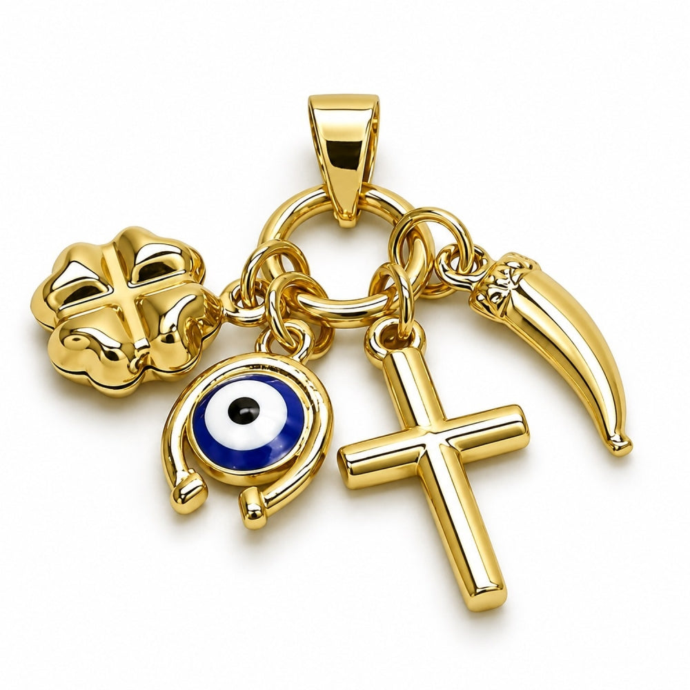 Oro Laminado Fancy Pendant, Gold Filled Style Cross and Four-leaf Clover Design, Blue Enamel Finish, Golden Finish
