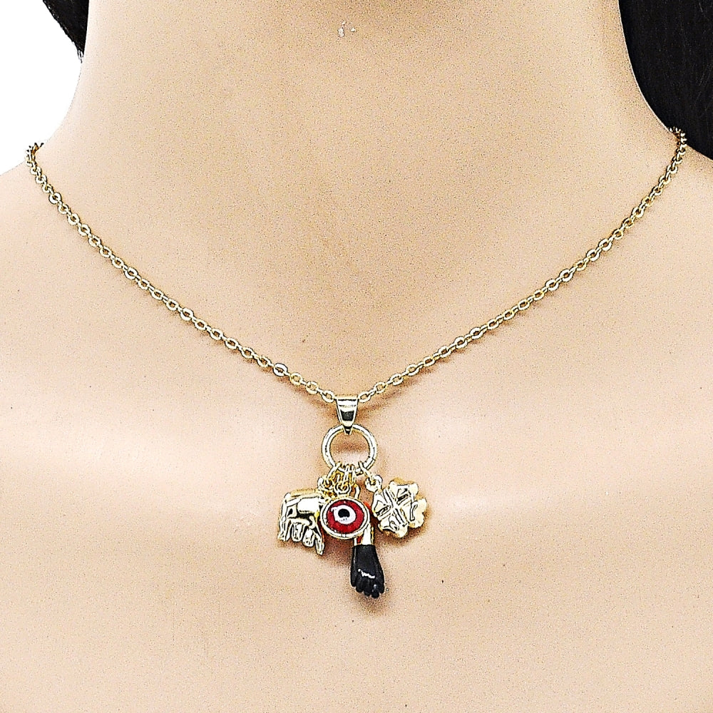Oro Laminado Fancy Pendant, Gold Filled Style Hand and Four-leaf Clover Design, with Garnet and Black Crystal, Polished, Golden Finish