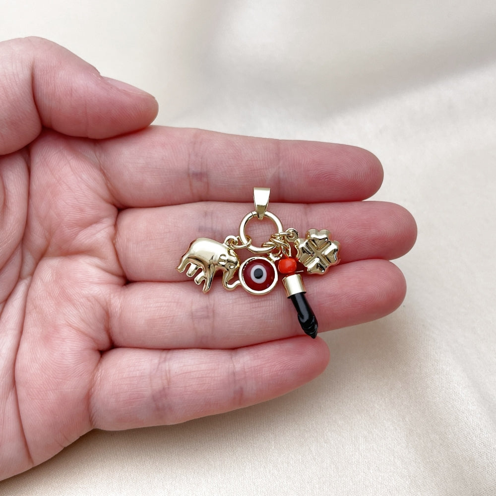 Oro Laminado Fancy Pendant, Gold Filled Style Hand and Four-leaf Clover Design, with Garnet and Black Crystal, Polished, Golden Finish