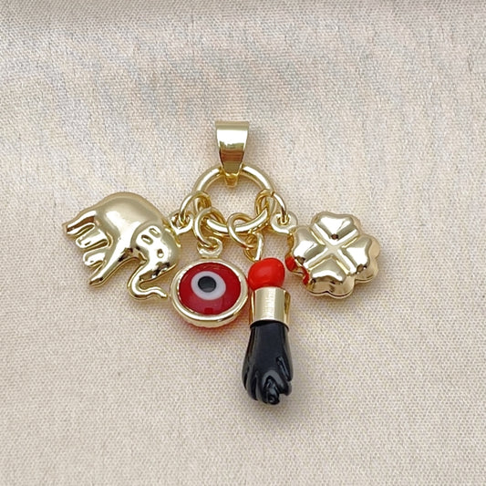 Oro Laminado Fancy Pendant, Gold Filled Style Hand and Four-leaf Clover Design, with Garnet and Black Crystal, Polished, Golden Finish