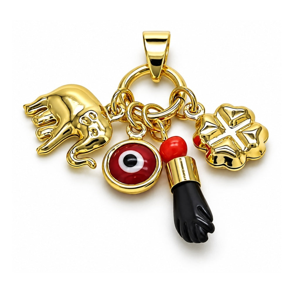Oro Laminado Fancy Pendant, Gold Filled Style Hand and Four-leaf Clover Design, with Garnet and Black Crystal, Polished, Golden Finish