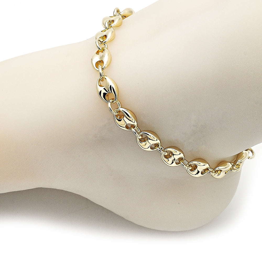 Oro Laminado Basic Anklet, Gold Filled Style Puff Mariner Design, Polished, Golden Finish
