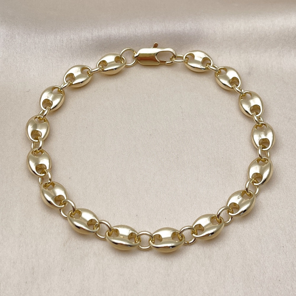 Oro Laminado Basic Anklet, Gold Filled Style Puff Mariner Design, Polished, Golden Finish