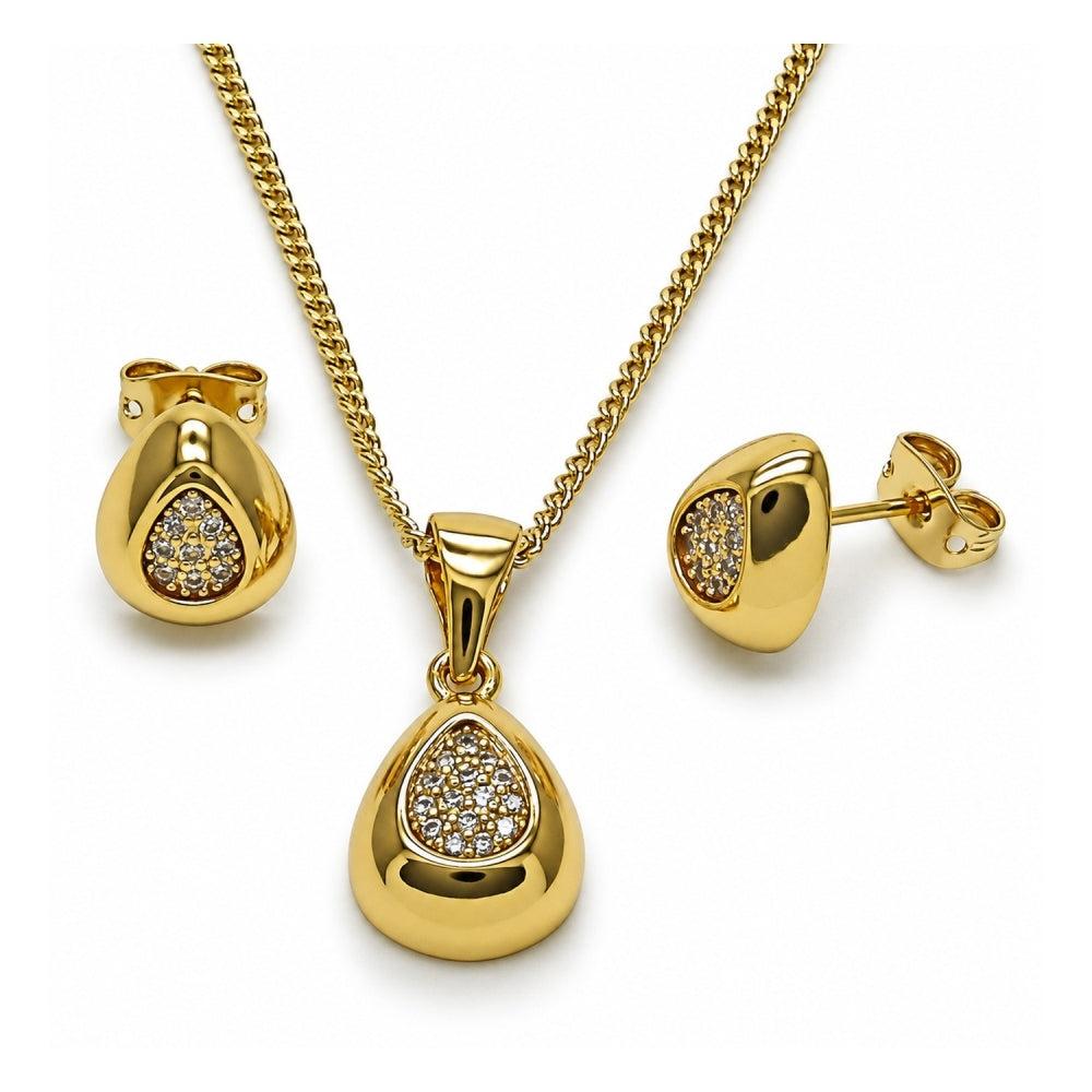 Oro Laminado Earring and Pendant Adult Set, Gold Filled Style Teardrop Design, with White Micro Pave, Polished, Golden Finish