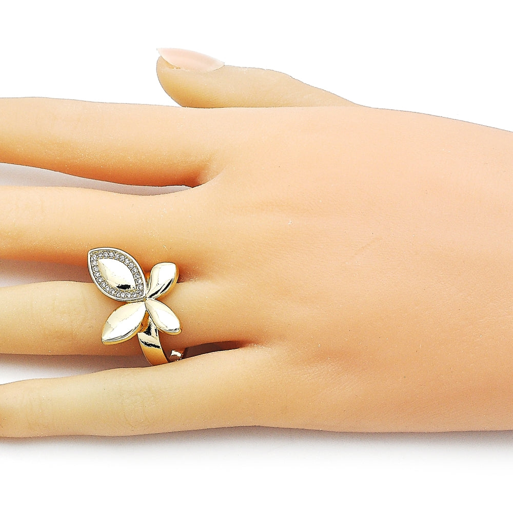 Oro Laminado Multi Stone Ring, Gold Filled Style Leaf and Butterfly Design, with White Micro Pave, Polished, Golden Finish
