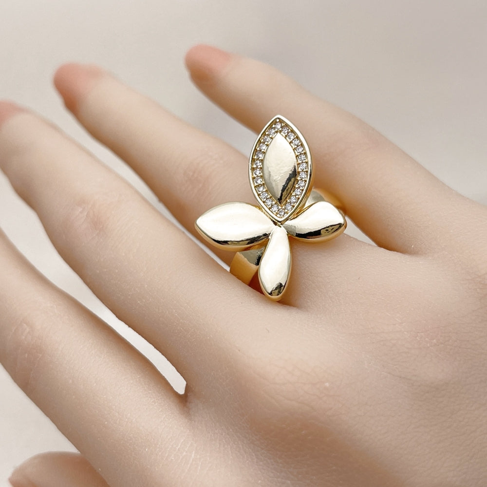 Oro Laminado Multi Stone Ring, Gold Filled Style Leaf and Butterfly Design, with White Micro Pave, Polished, Golden Finish