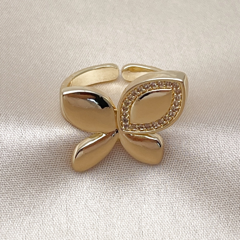 Oro Laminado Multi Stone Ring, Gold Filled Style Leaf and Butterfly Design, with White Micro Pave, Polished, Golden Finish