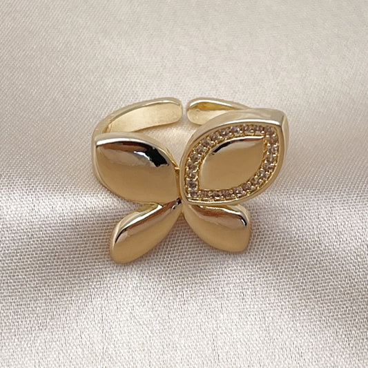 Oro Laminado Multi Stone Ring, Gold Filled Style Leaf and Butterfly Design, with White Micro Pave, Polished, Golden Finish