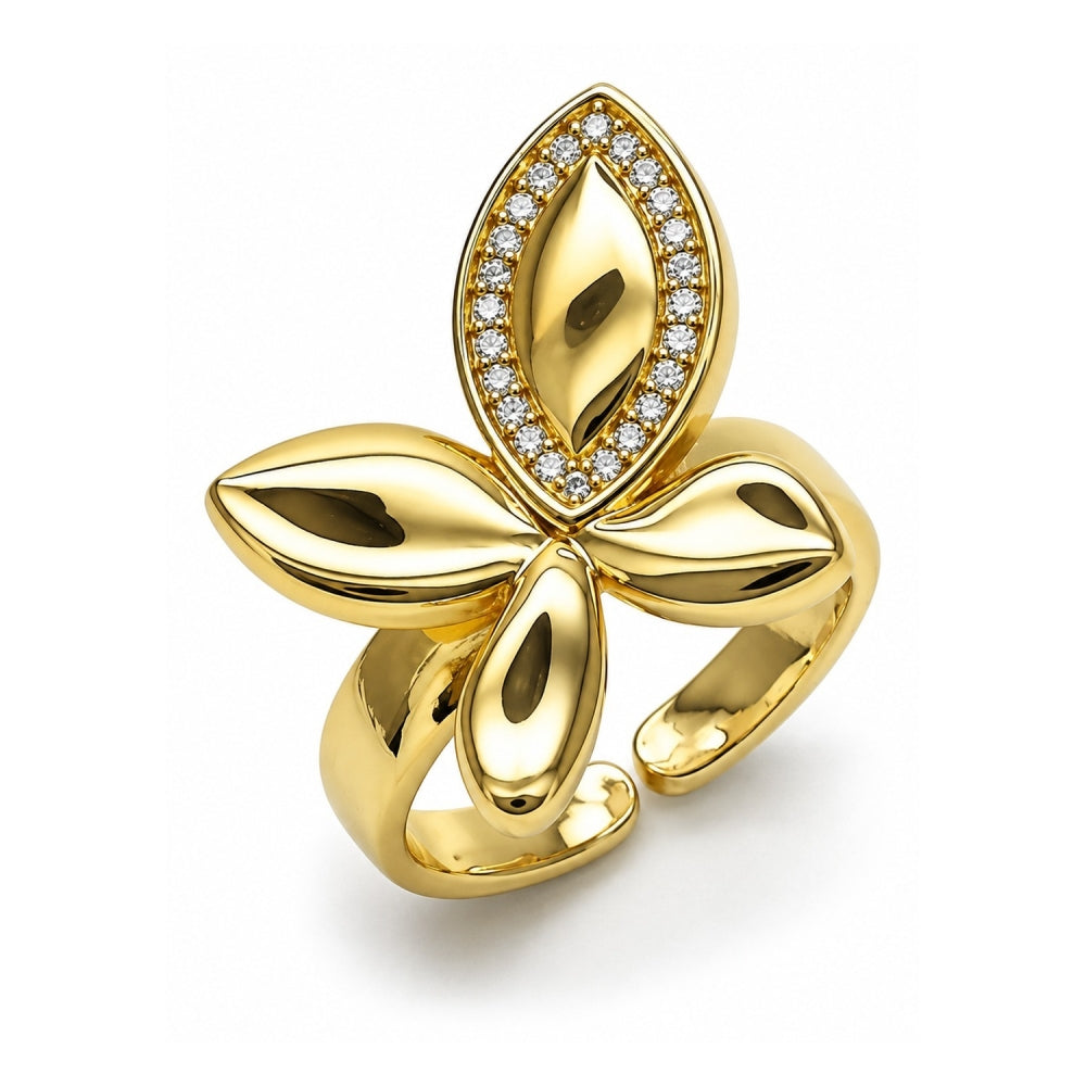 Oro Laminado Multi Stone Ring, Gold Filled Style Leaf and Butterfly Design, with White Micro Pave, Polished, Golden Finish