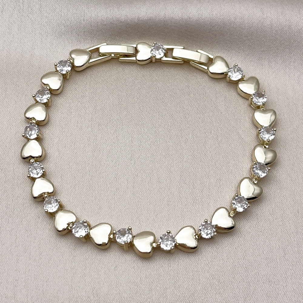 Oro Laminado Tennis Bracelet, Gold Filled Style Heart Design, with White Cubic Zirconia, Polished, Golden Finish
