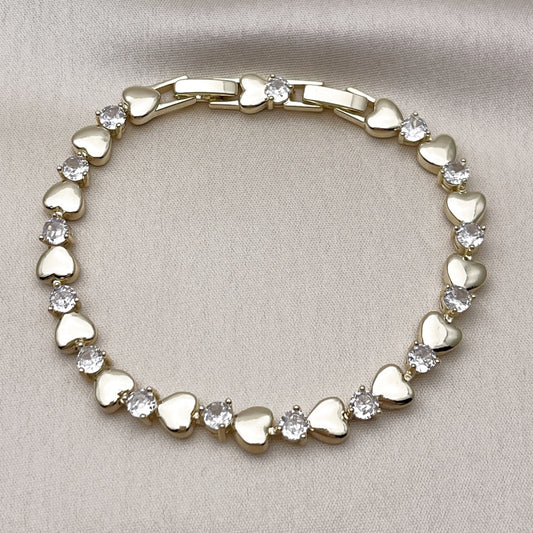 Oro Laminado Tennis Bracelet, Gold Filled Style Heart Design, with White Cubic Zirconia, Polished, Golden Finish