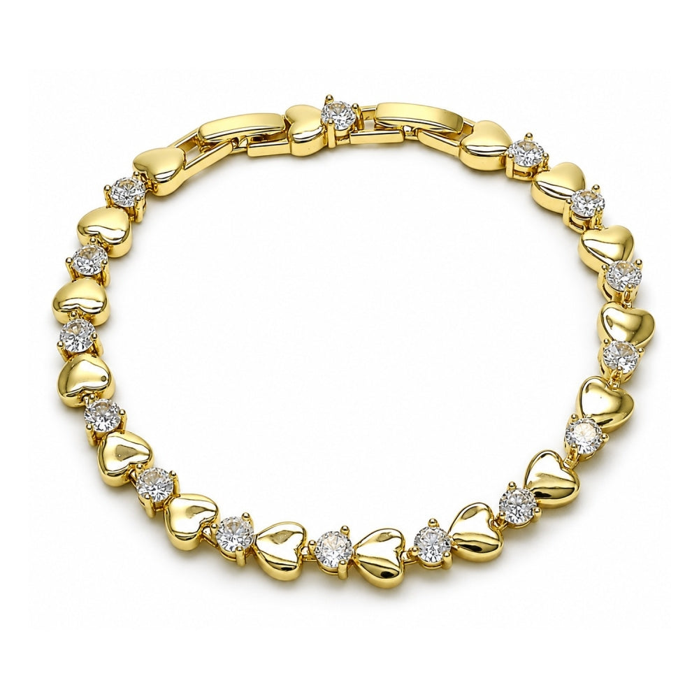 Oro Laminado Tennis Bracelet, Gold Filled Style Heart Design, with White Cubic Zirconia, Polished, Golden Finish