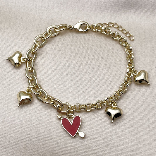 Oro Laminado Charm Bracelet, Gold Filled Style Heart Design, Red Enamel Finish, Golden Finish