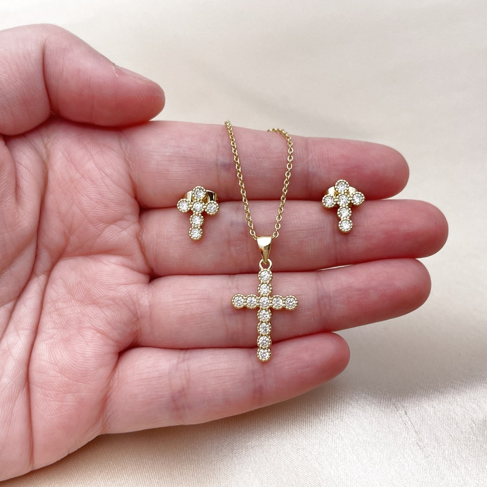 Oro Laminado Earring and Pendant Adult Set, Gold Filled Style Cross and Rolo Design, with White Cubic Zirconia, Polished, Golden Finish