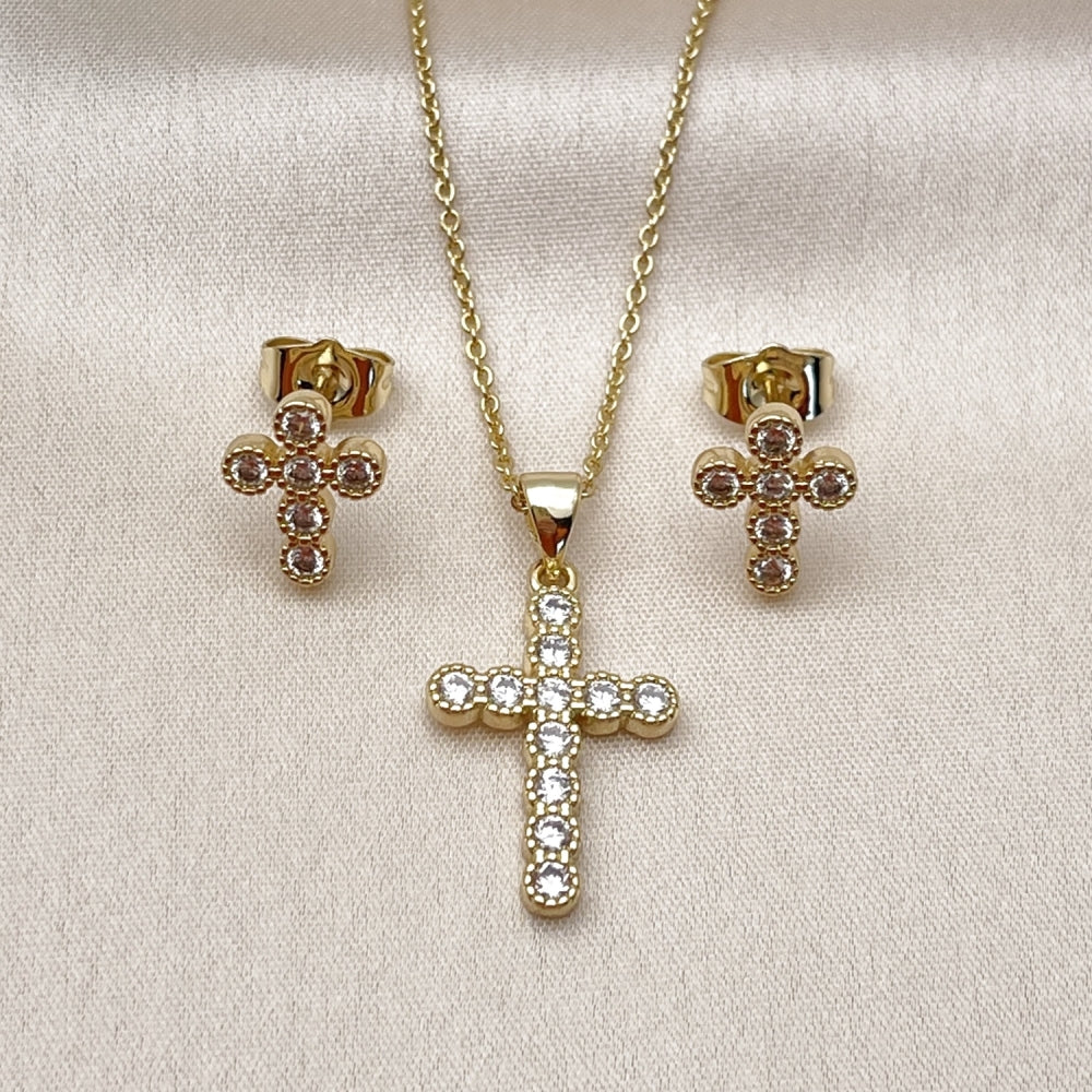 Oro Laminado Earring and Pendant Adult Set, Gold Filled Style Cross and Rolo Design, with White Cubic Zirconia, Polished, Golden Finish