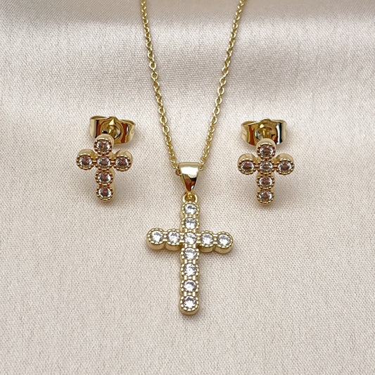 Oro Laminado Earring and Pendant Adult Set, Gold Filled Style Cross and Rolo Design, with White Cubic Zirconia, Polished, Golden Finish