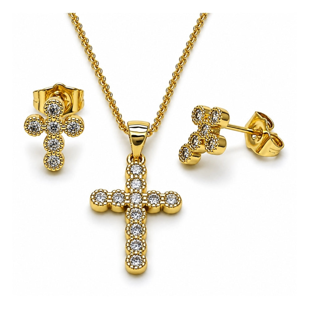Oro Laminado Earring and Pendant Adult Set, Gold Filled Style Cross and Rolo Design, with White Cubic Zirconia, Polished, Golden Finish