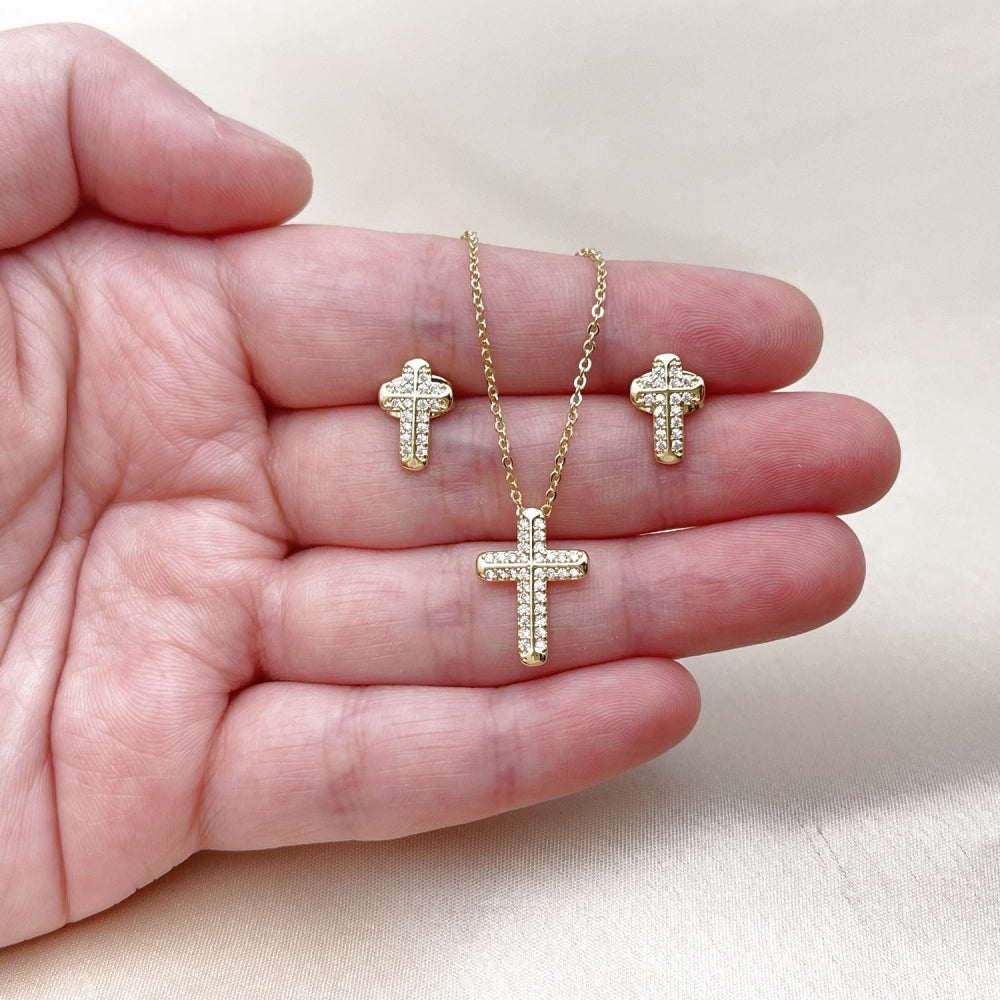 Oro Laminado Earring and Pendant Adult Set, Gold Filled Style Cross and Rolo Design, with White Micro Pave, Polished, Golden Finish