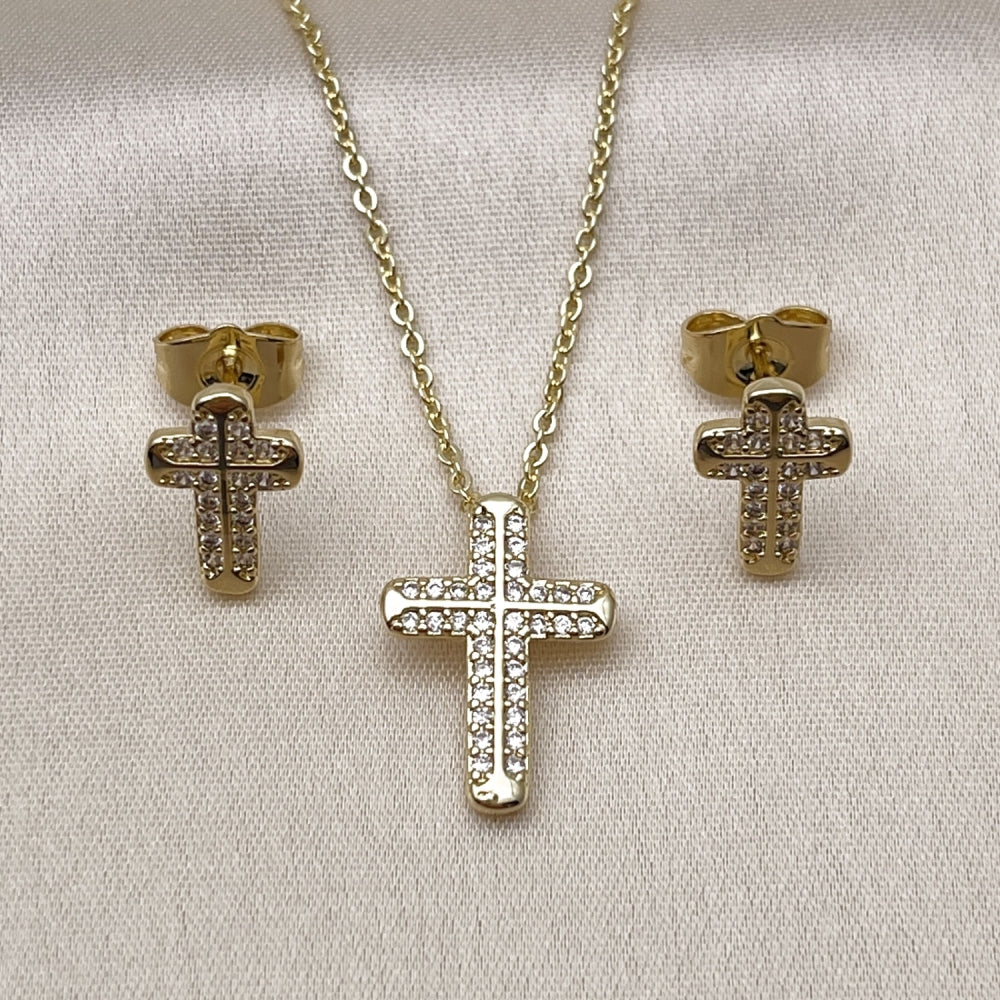 Oro Laminado Earring and Pendant Adult Set, Gold Filled Style Cross and Rolo Design, with White Micro Pave, Polished, Golden Finish