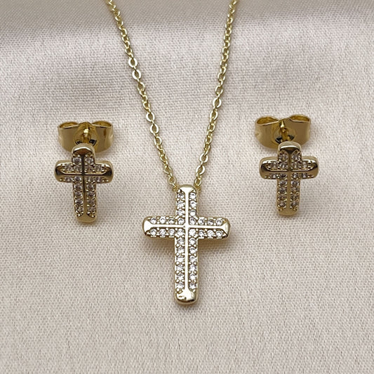 Oro Laminado Earring and Pendant Adult Set, Gold Filled Style Cross and Rolo Design, with White Micro Pave, Polished, Golden Finish