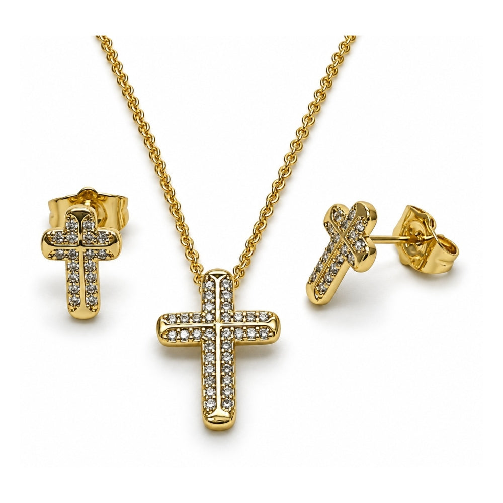 Oro Laminado Earring and Pendant Adult Set, Gold Filled Style Cross and Rolo Design, with White Micro Pave, Polished, Golden Finish