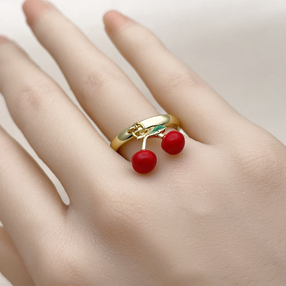 Oro Laminado Elegant Ring, Gold Filled Style Cherry Design, Red Enamel Finish, Golden Finish