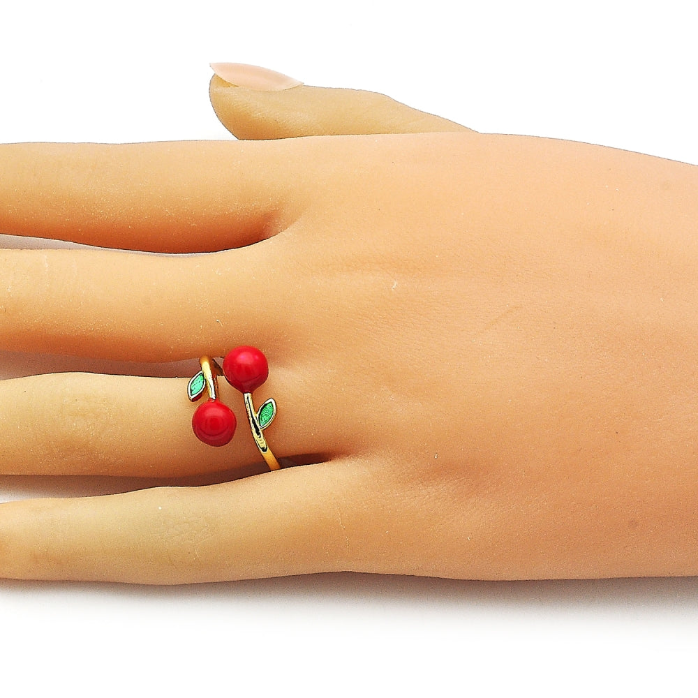 Oro Laminado Elegant Ring, Gold Filled Style Cherry Design, Red Enamel Finish, Golden Finish