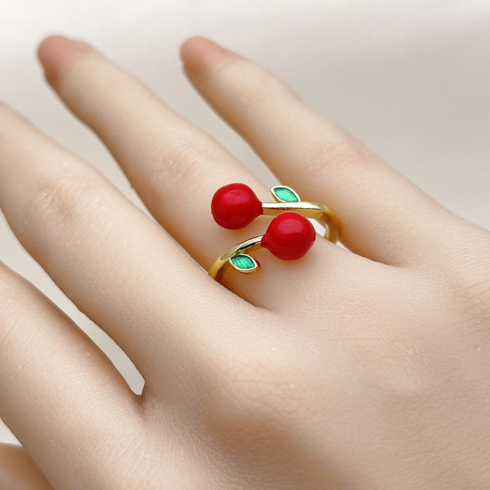 Oro Laminado Elegant Ring, Gold Filled Style Cherry Design, Red Enamel Finish, Golden Finish