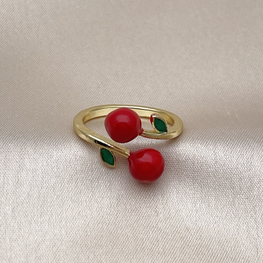 Oro Laminado Elegant Ring, Gold Filled Style Cherry Design, Red Enamel Finish, Golden Finish