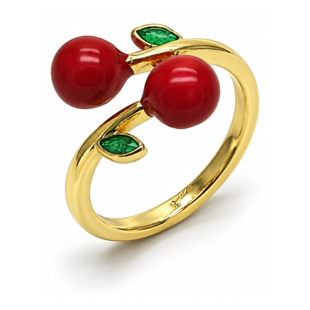 Oro Laminado Elegant Ring, Gold Filled Style Cherry Design, Red Enamel Finish, Golden Finish