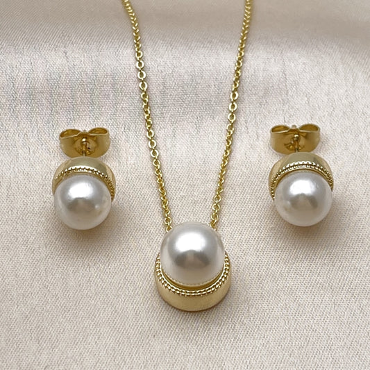 Oro Laminado Earring and Pendant Adult Set, Gold Filled Style Ball Design, with Ivory Mother of Pearl, Polished, Golden Finish