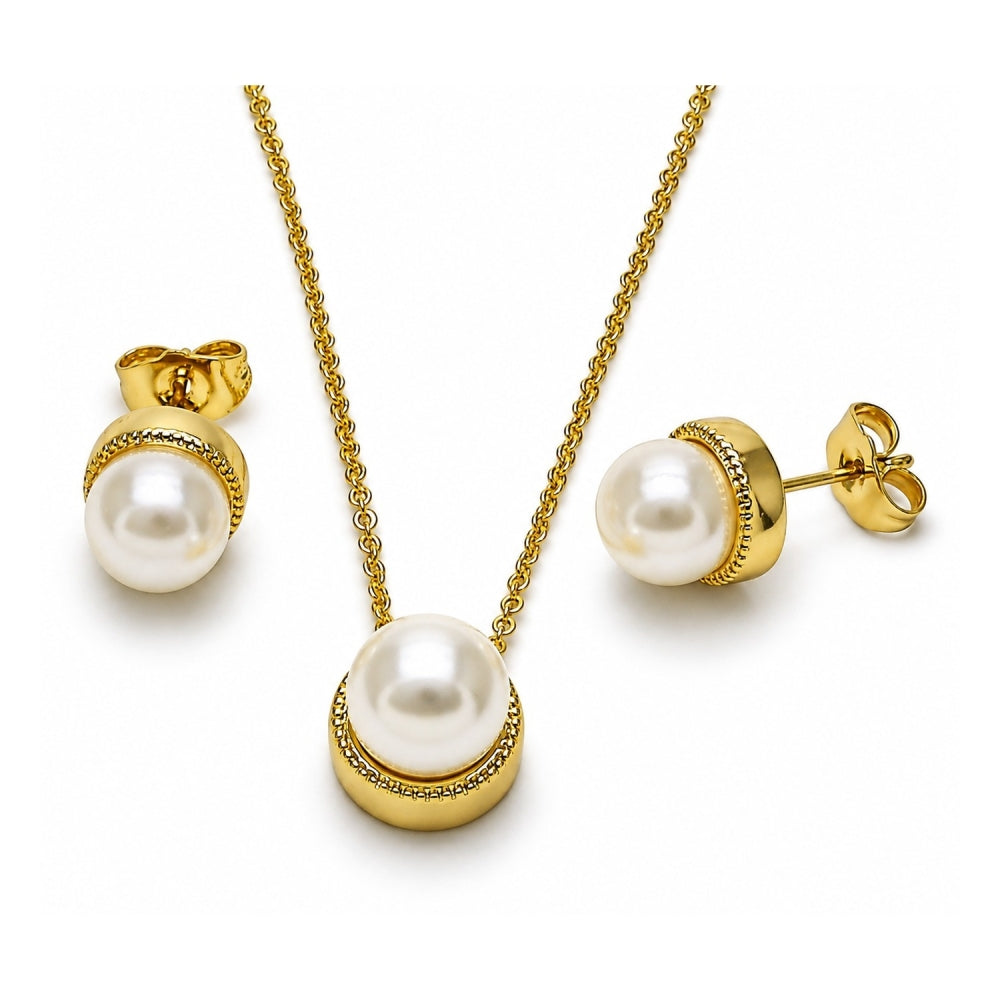 Oro Laminado Earring and Pendant Adult Set, Gold Filled Style Ball Design, with Ivory Mother of Pearl, Polished, Golden Finish