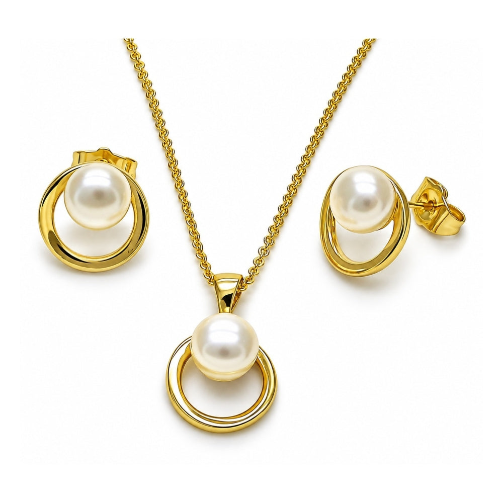 Oro Laminado Earring and Pendant Adult Set, Gold Filled Style Ball and Rolo Design, with Ivory Pearl, Polished, Golden Finish